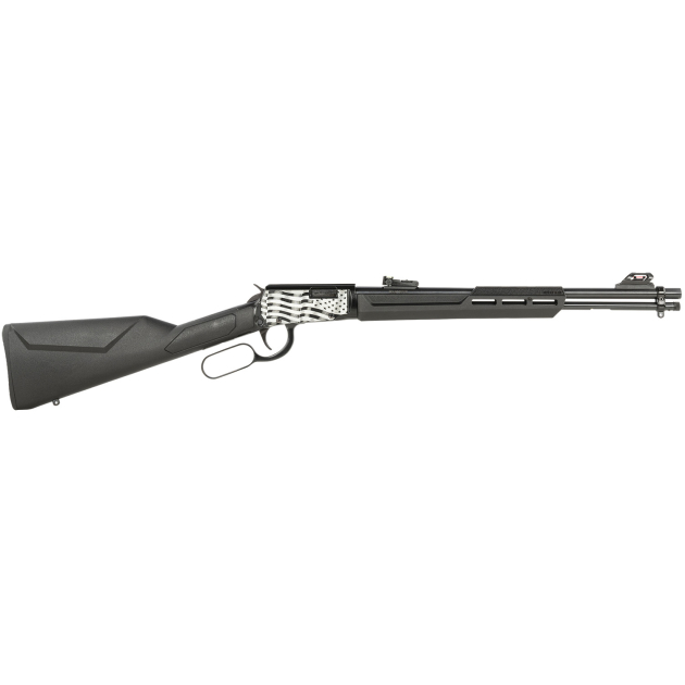 Rossi RL22181SYEN11 Rio Bravo  Lever Action 22 LR 15+1 18" Round Barrel, Black, Polished US Flag Engraved Rec, Synthetic Stock, Fiber Optic Sights