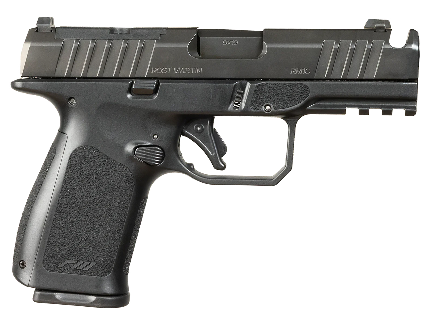 Rost Martin RM1CBLKOSP(COMP) RM1C  9mm Luger 17+1 4" Black Compensated Match Grade Barrel, Black Tenifer Optic Ready/Serrated Steel Slide, Black Polymer Frame w/Picatinny Rail, Textured Grip