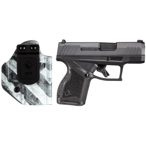 Taurus 1-GX4M931-CK7 GX4  9mm Luger 11+1 3.06" Satin Black DLC Steel Barrel, Black Nitride Serrated Slide, Black Polymer Frame w/ Interchangeable Backstrap Grips Includes B&W US Flag Holster