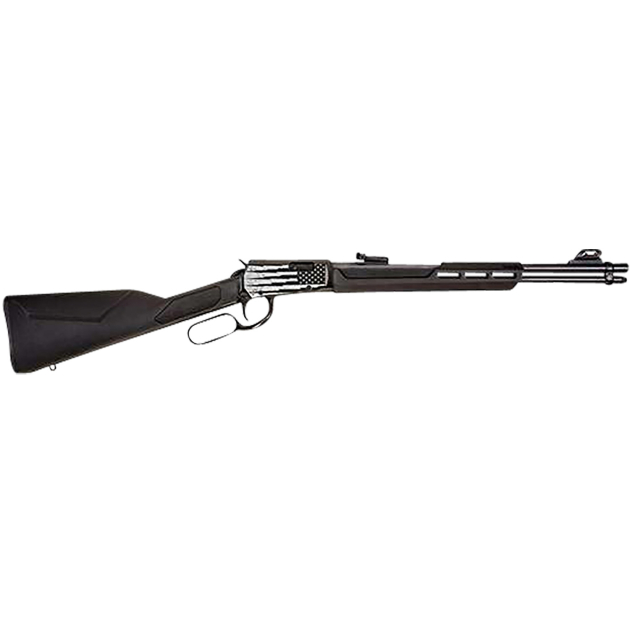 Rossi RL22181SYEN18 Rio Bravo  Full Size 22 LR 15+1, 18" Polished Black Steel Barrel, Polished Black w/Lighting US Flag Engraving Steel Receiver, Black Stock, Right Hand