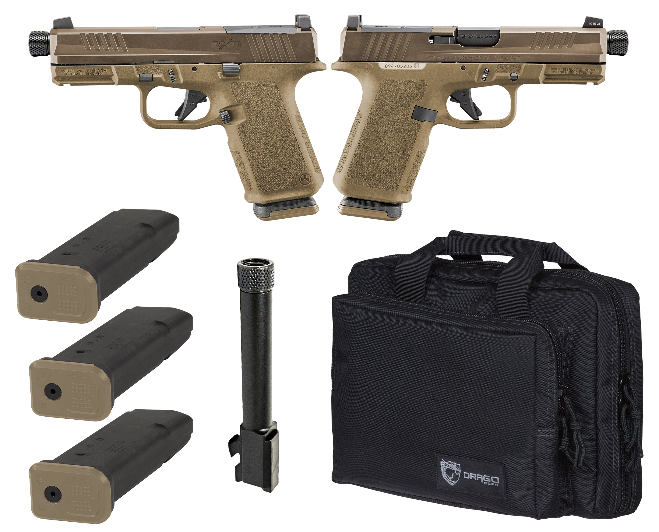 RUGER RXM TACTICAL BUNDLE 9MM PISTOL 4" THREADED, 2 TONE FDE O.R. RANGE BAG, 2-15RD MAGS