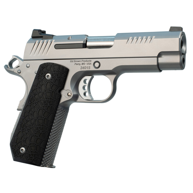 Ed Brown EVOKC9 1911 EVO KC9 9mm Luger 9+1 4" Barrel, Snakeskin Serrated Stainless Steel Bobtail Frame, Serrated Slide w/Recessed Slide Stop, Black G10 Grip