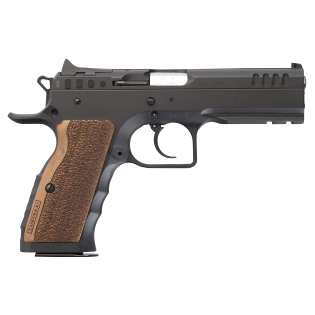 Tanfoglio IFG TFSTOCKI9 Defiant Stock I 9mm Luger Caliber with 4.50" Barrel, 16+1 Capacity, Overall Black Finish Steel, Picatinny Rail/Beavertail Frame, Serrated Slide & Wood Grip