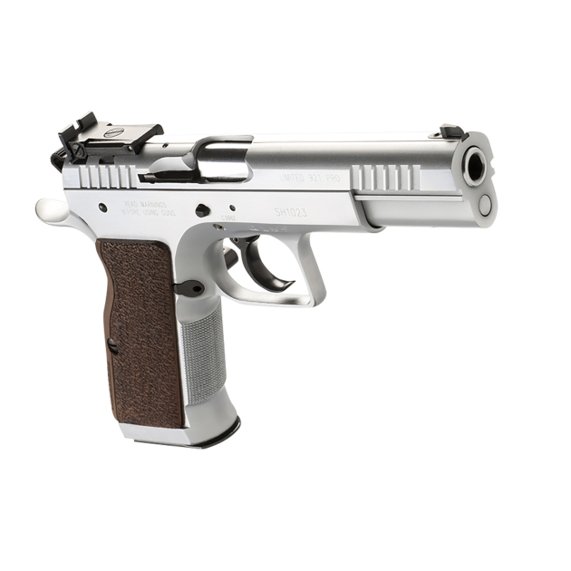 Tanfoglio IFG TF-LIMPRO-38 Defiant Limited Pro 38 Super Caliber with 4.80" Barrel, 17+1 Capacity, Overall Hard Chrome Finish Steel, Beavertail Frame, Serrated Slide & Brown Polymer Grip