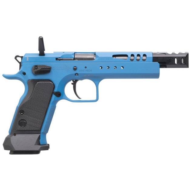 Tanfoglio IFG TFDOM9 Domina  9mm Luger Caliber with 5.20" Barrel, 17+1 or 19+1 Capacity, Overall Blue Finish Steel, Beavertail Frame, Ported Slide & Black Polymer Grip
