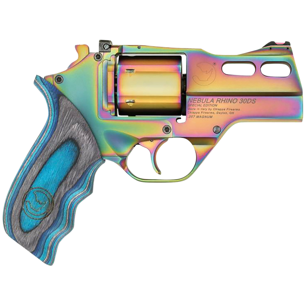 Chiappa Firearms 340319 Rhino 30DS Nebula 357 Mag 6 Shot, 3" Rainbow PVD Steel Vent Rib Barrel & Cylinder, Rainbow PVD Aluminum Frame, Blue Laminate, Grip Exposed Hammer